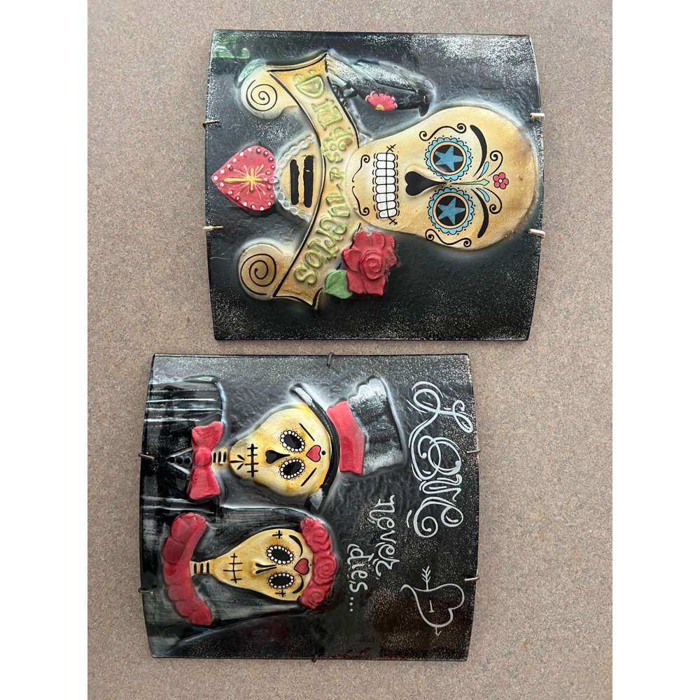 Dia De Los Muertos Fused Glass Wall Art Set 2pc Love Never Dies Sugar Skull 8x8